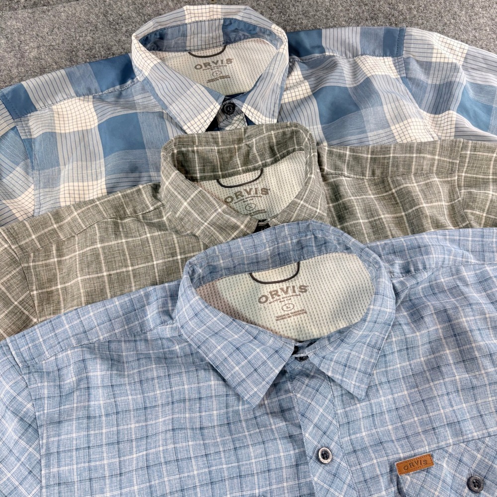 Orvis Mens‎ Plaid Short Sleeve Button Down Shirt Lot of 3 Blue Grey Large L